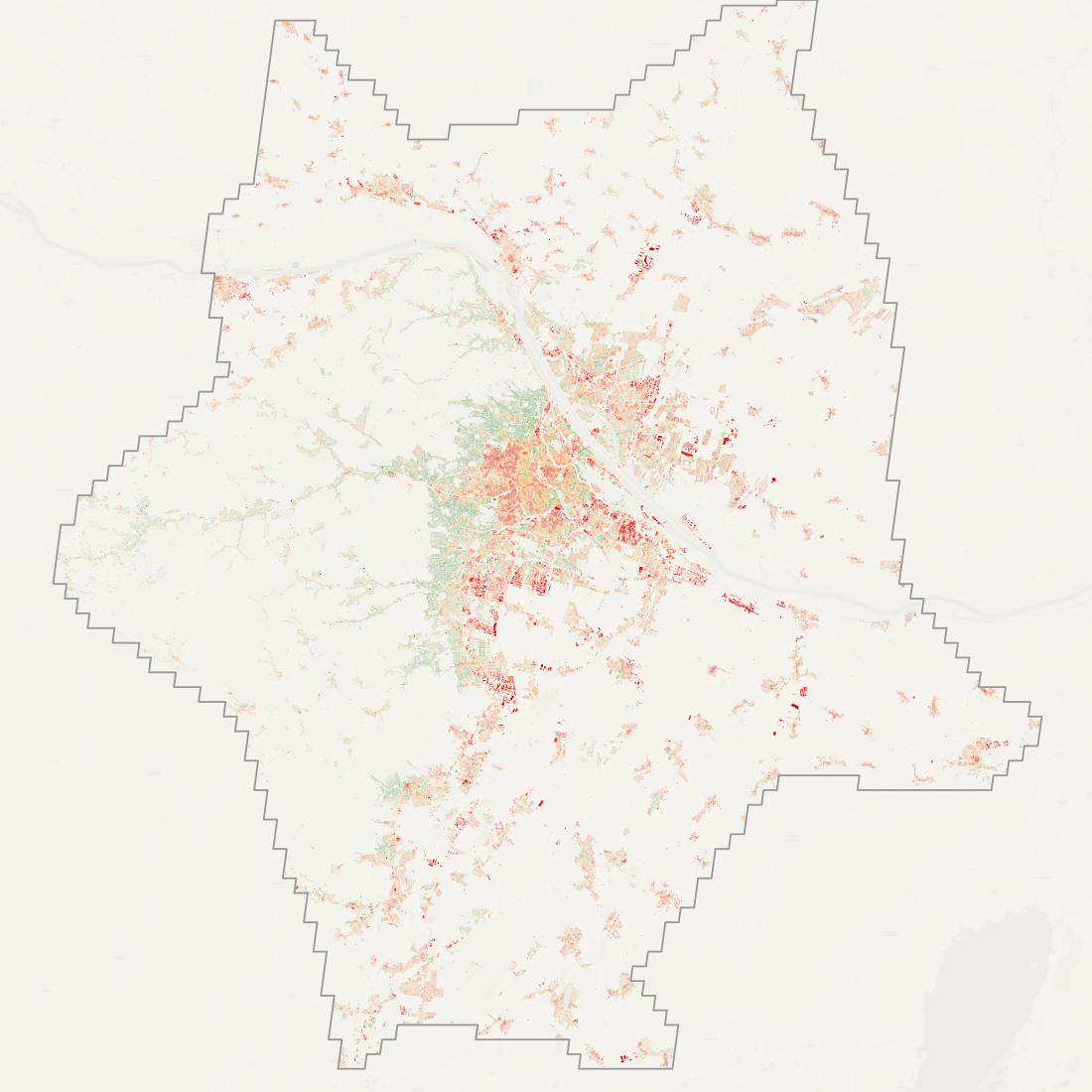 Vienna: building-level tree canopy. Red = exposed, green = adequate shade.